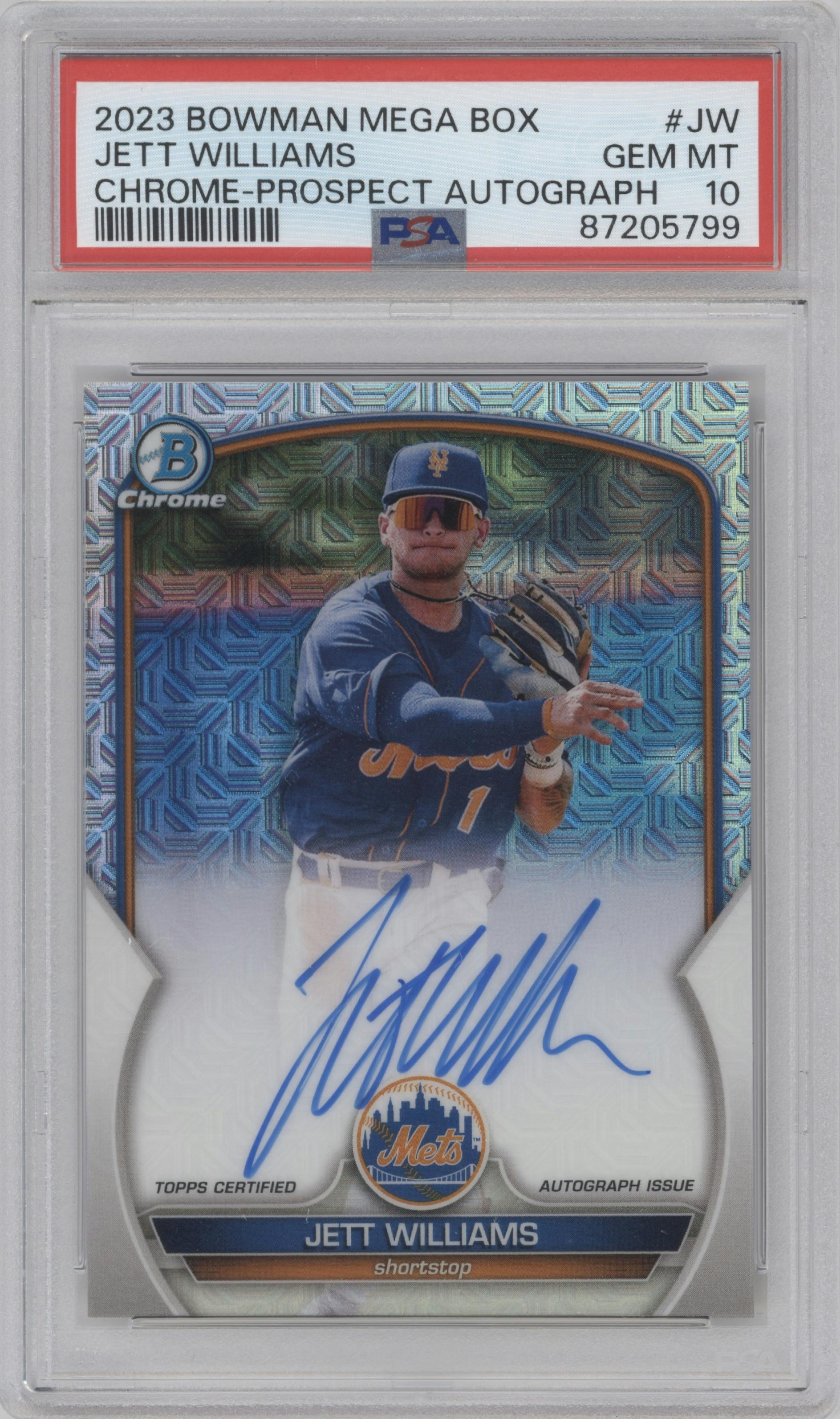Jett Williams from the 2023 Bowman Mega Box set graded by PSA and given an overall grade of 10.