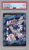 Josh Allen from the 2024 Panini Prizm set featuring a Blue Ice Prizm parallel graded by PSA and given an overall grade of 9.