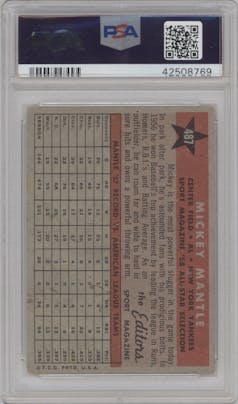 Mickey Mantle from the 1958 Topps set graded by PSA and given an overall grade of 2.