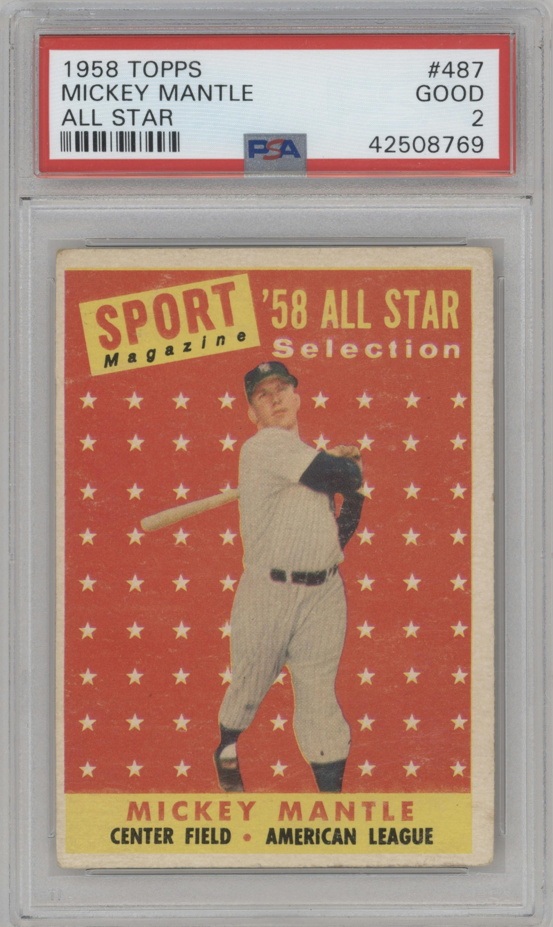 Mickey Mantle from the 1958 Topps set graded by PSA and given an overall grade of 2.