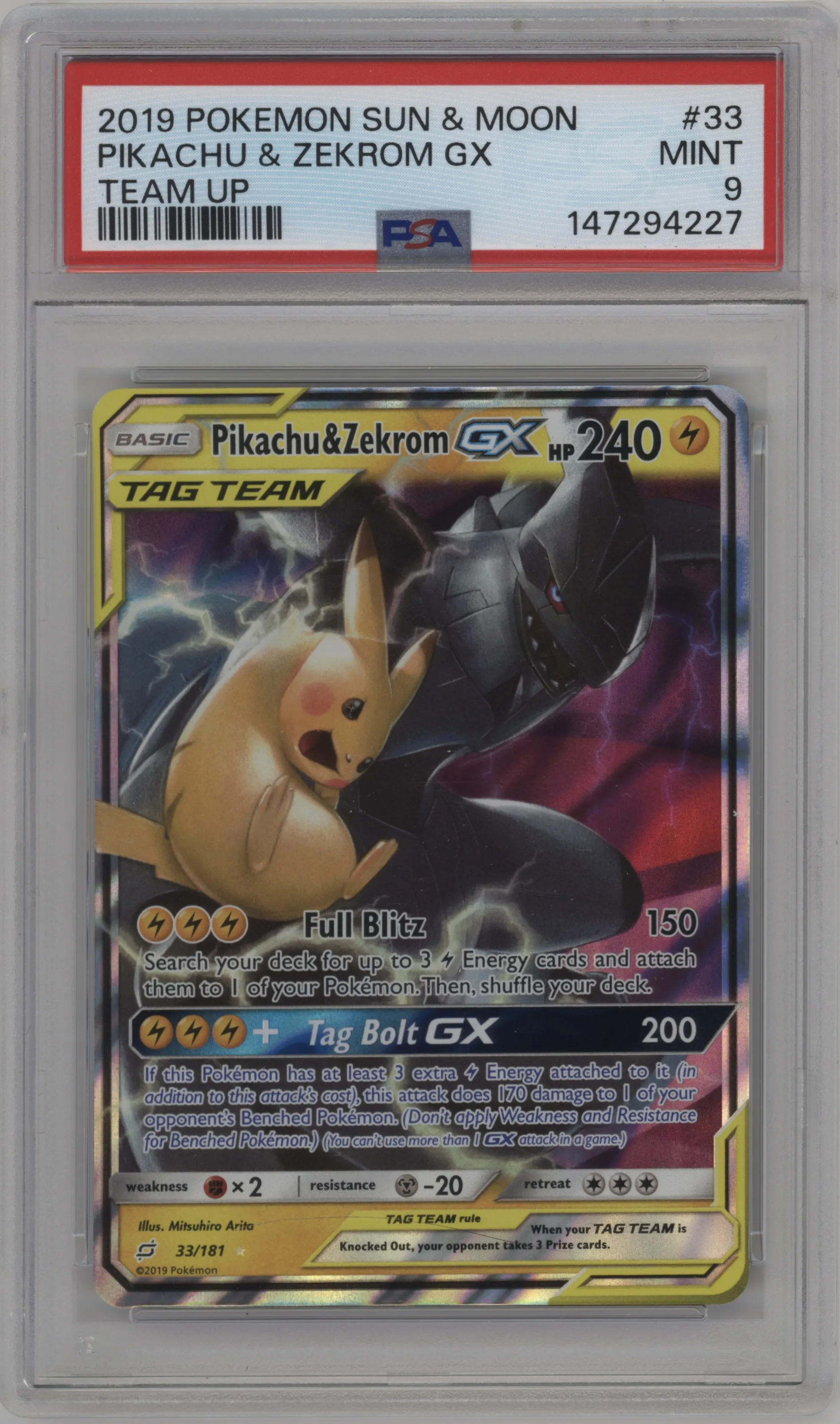 2019 Pokemon S&M Team Up Pikachu/Zekrom GX PSA 9
