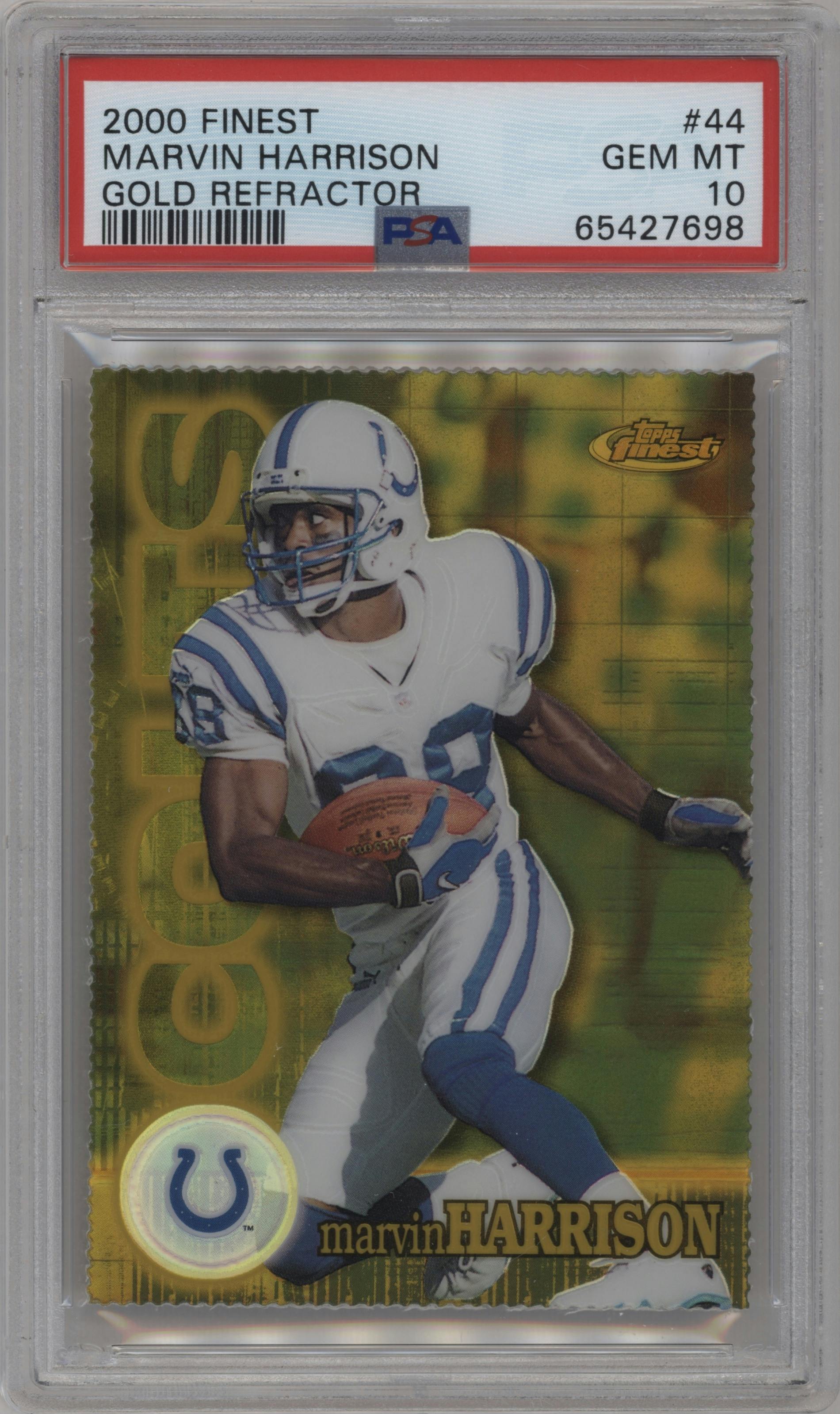 Marvin Harrison from the 2000 Topps Finest set featuring a Gold Refractor parallel graded by PSA and given an overall grade of 10.