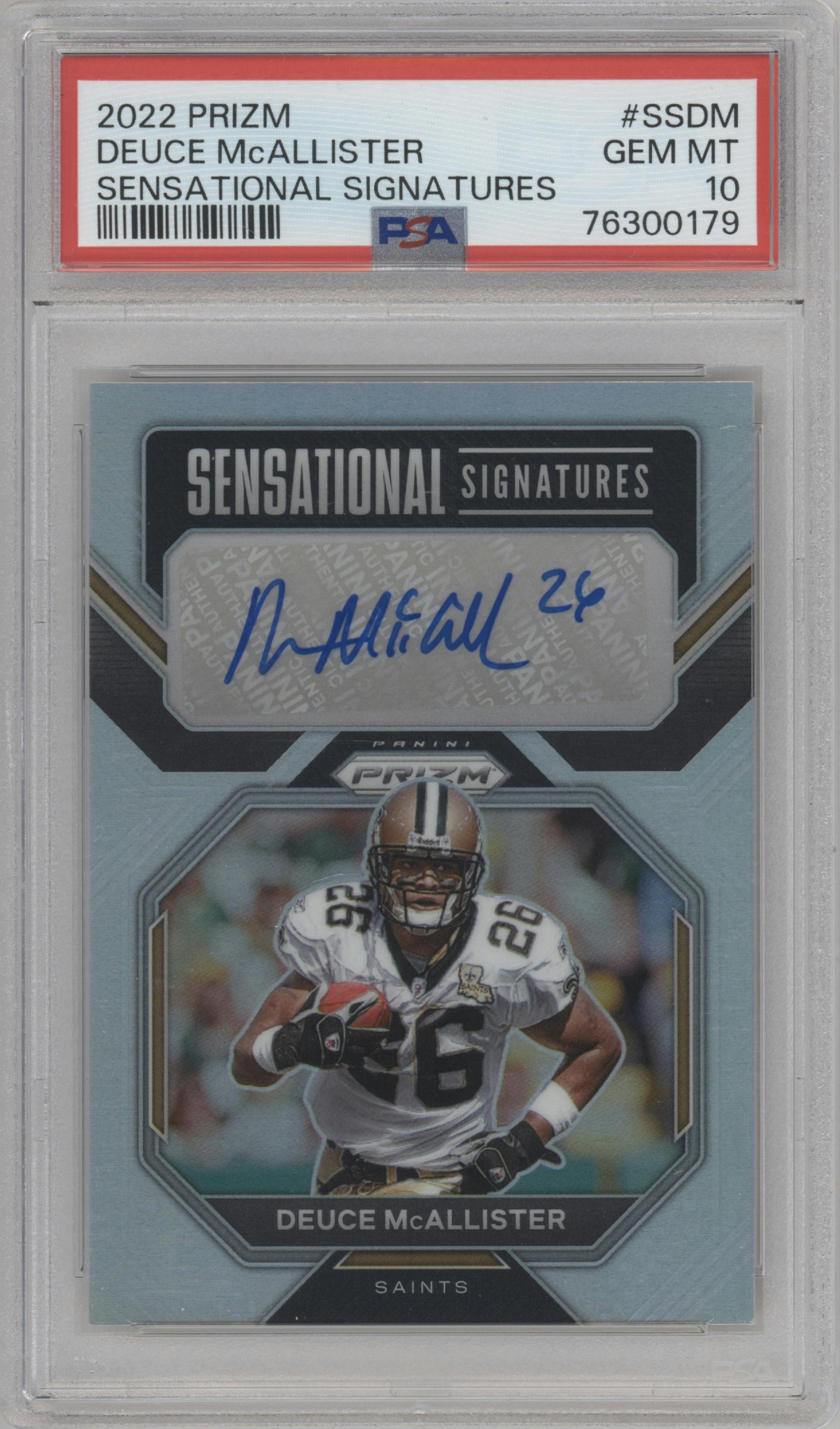 Deuce McAllister from the 2022 Panini Prizm set graded by PSA and given an overall grade of 10.