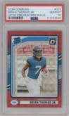Brian Thomas Jr. from the 2024 Donruss set featuring a Red Wave parallel graded by PSA and given an overall grade of 10.