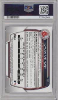Roman Anthony from the 2023 Bowman  set featuring a Blue Shimmer Refractor parallel graded by PSA and given an overall grade of 9.