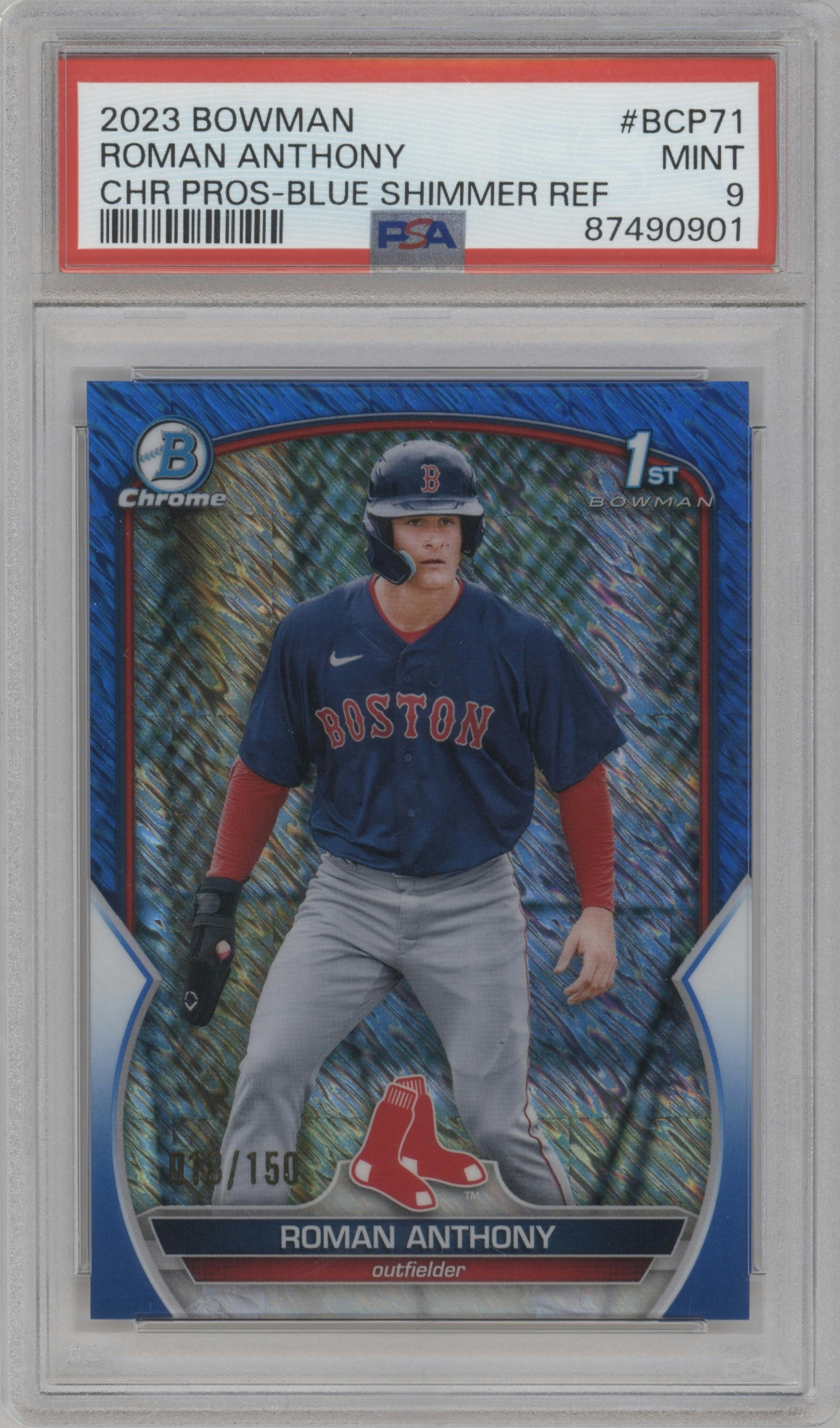 Roman Anthony from the 2023 Bowman  set featuring a Blue Shimmer Refractor parallel graded by PSA and given an overall grade of 9.