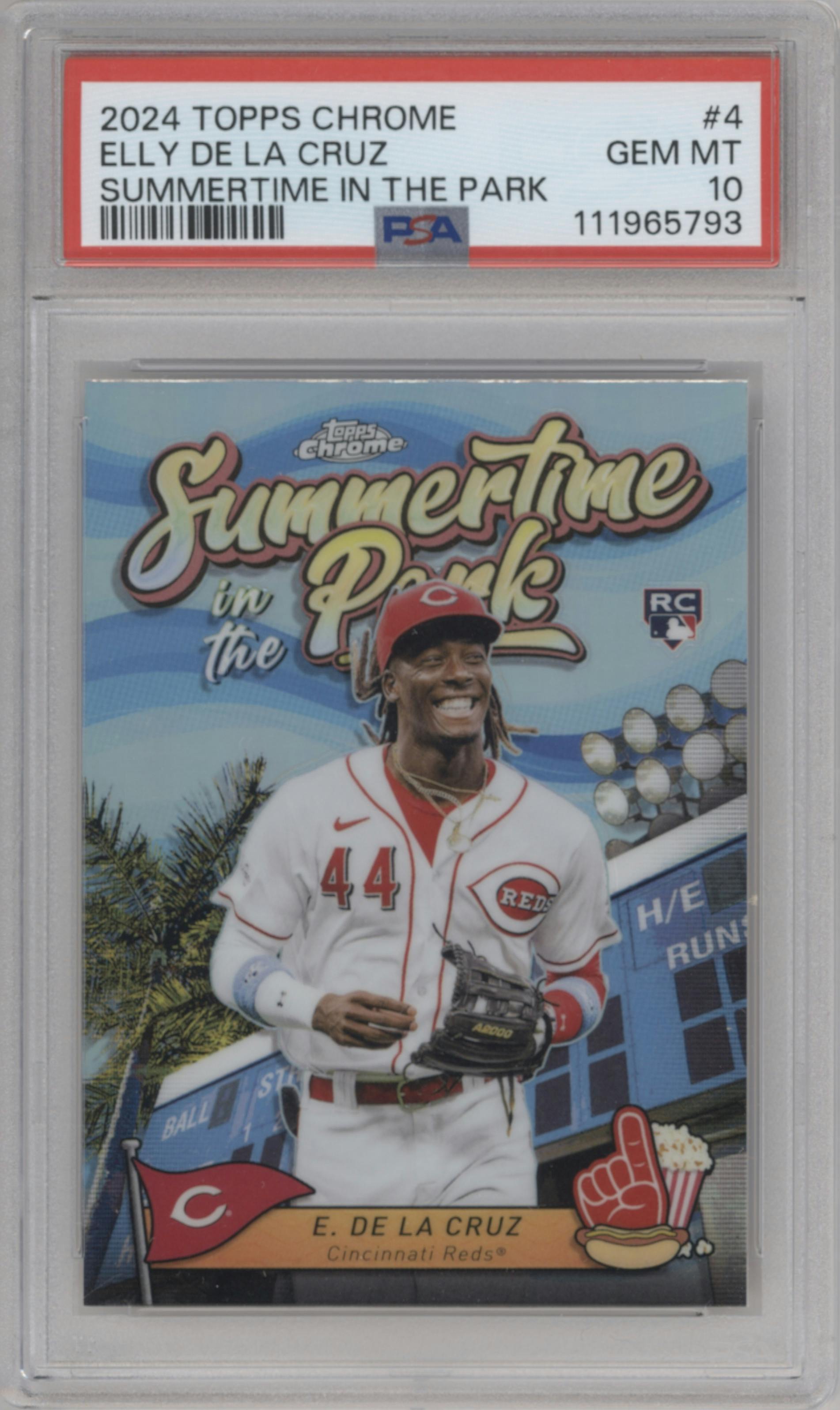 Elly De La Cruz from the 2024 Topps Chrome set graded by PSA and given an overall grade of 10.