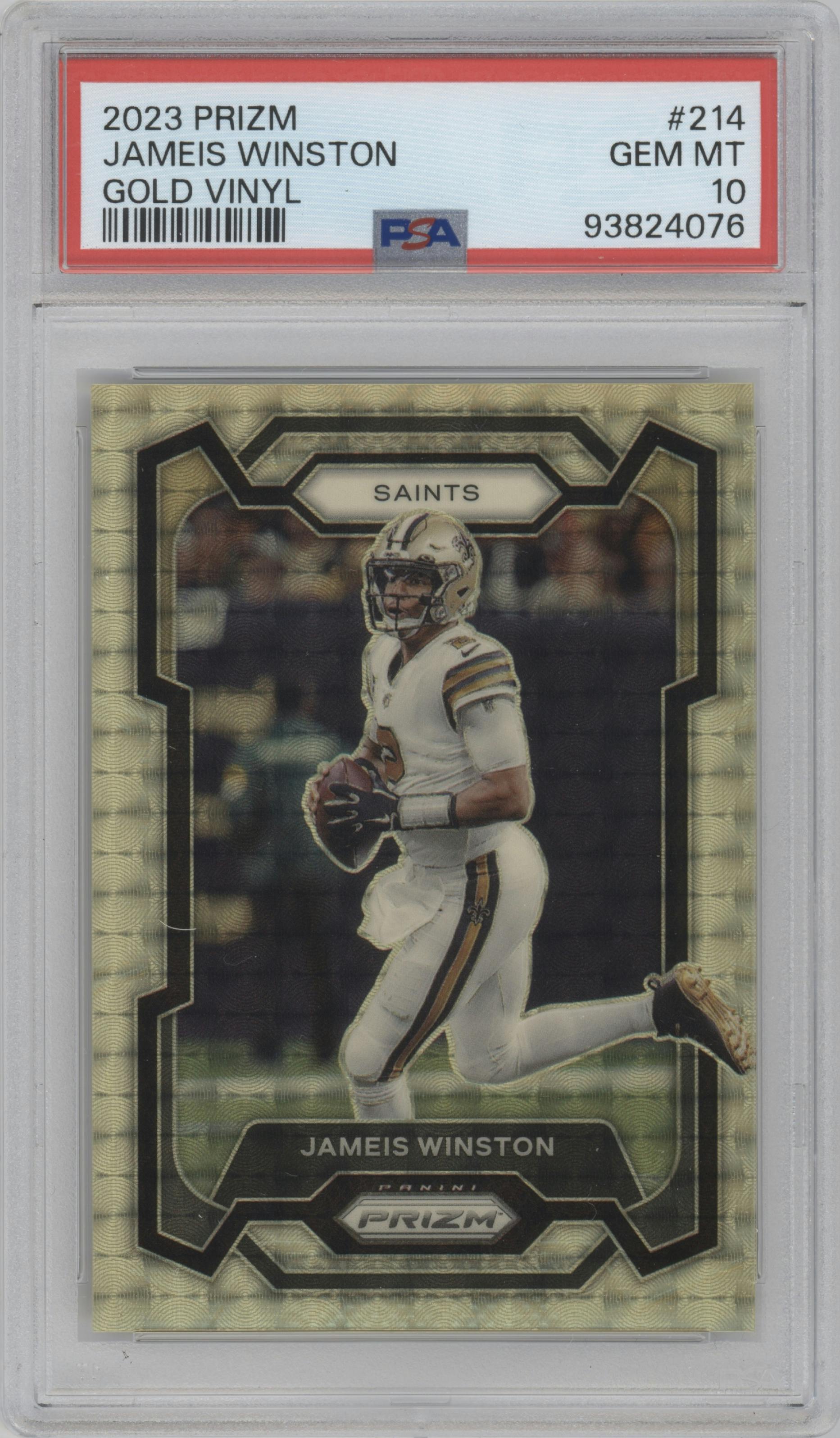Jameis Winston from the 2023 Panini Prizm set featuring a Gold Vinyl parallel graded by PSA and given an overall grade of 10.