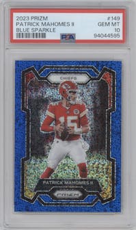 Patrick Mahomes II from the 2023 Panini Prizm set featuring a Blue Sparkle parallel graded by PSA and given an overall grade of 10.