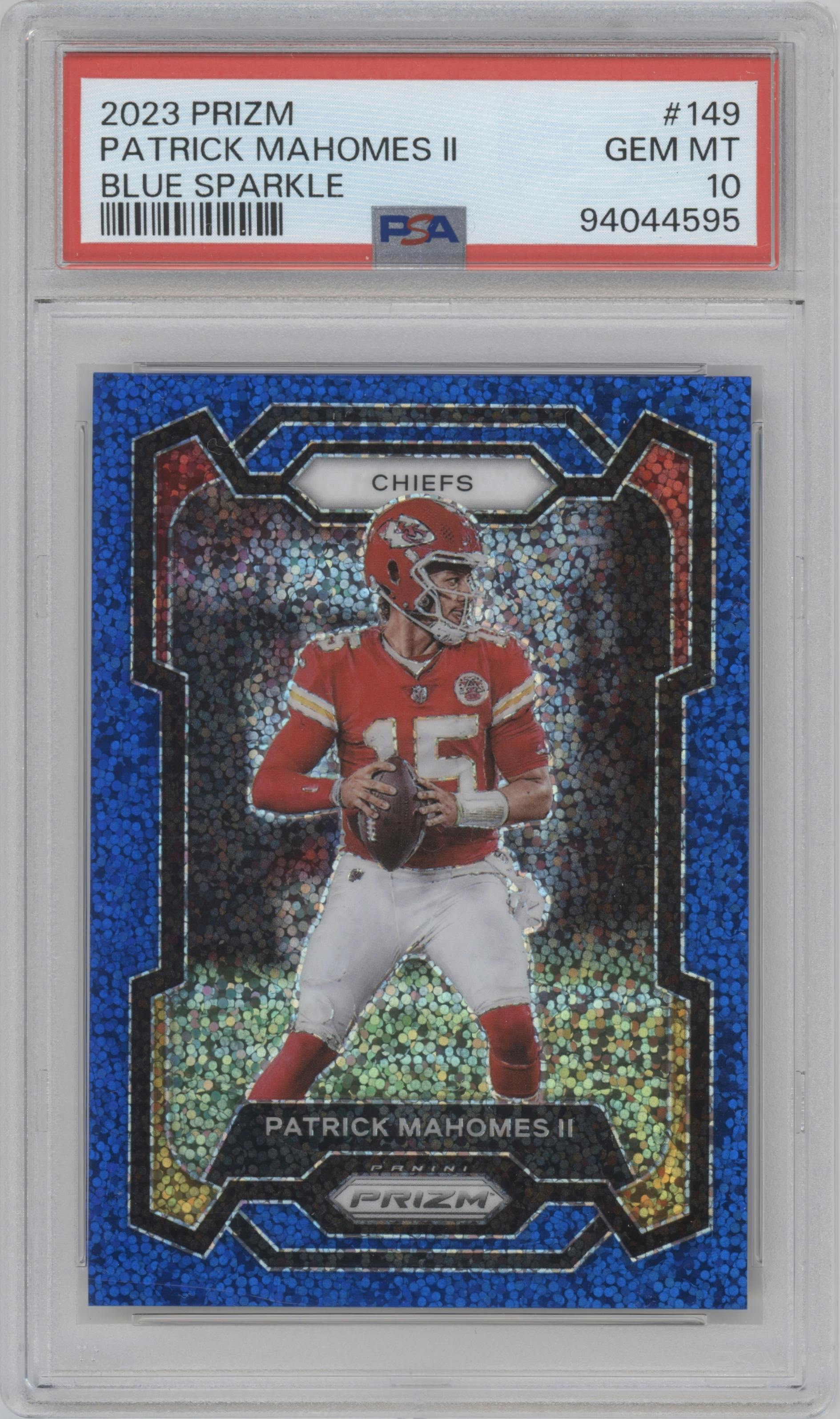 Patrick Mahomes II from the 2023 Panini Prizm set featuring a Blue Sparkle parallel graded by PSA and given an overall grade of 10.