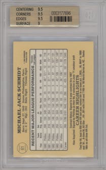 Mike Schmidt from the 1985 Donruss set graded by Beckett and given an overall grade of 9.5.