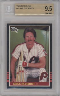 Mike Schmidt from the 1985 Donruss set graded by Beckett and given an overall grade of 9.5.
