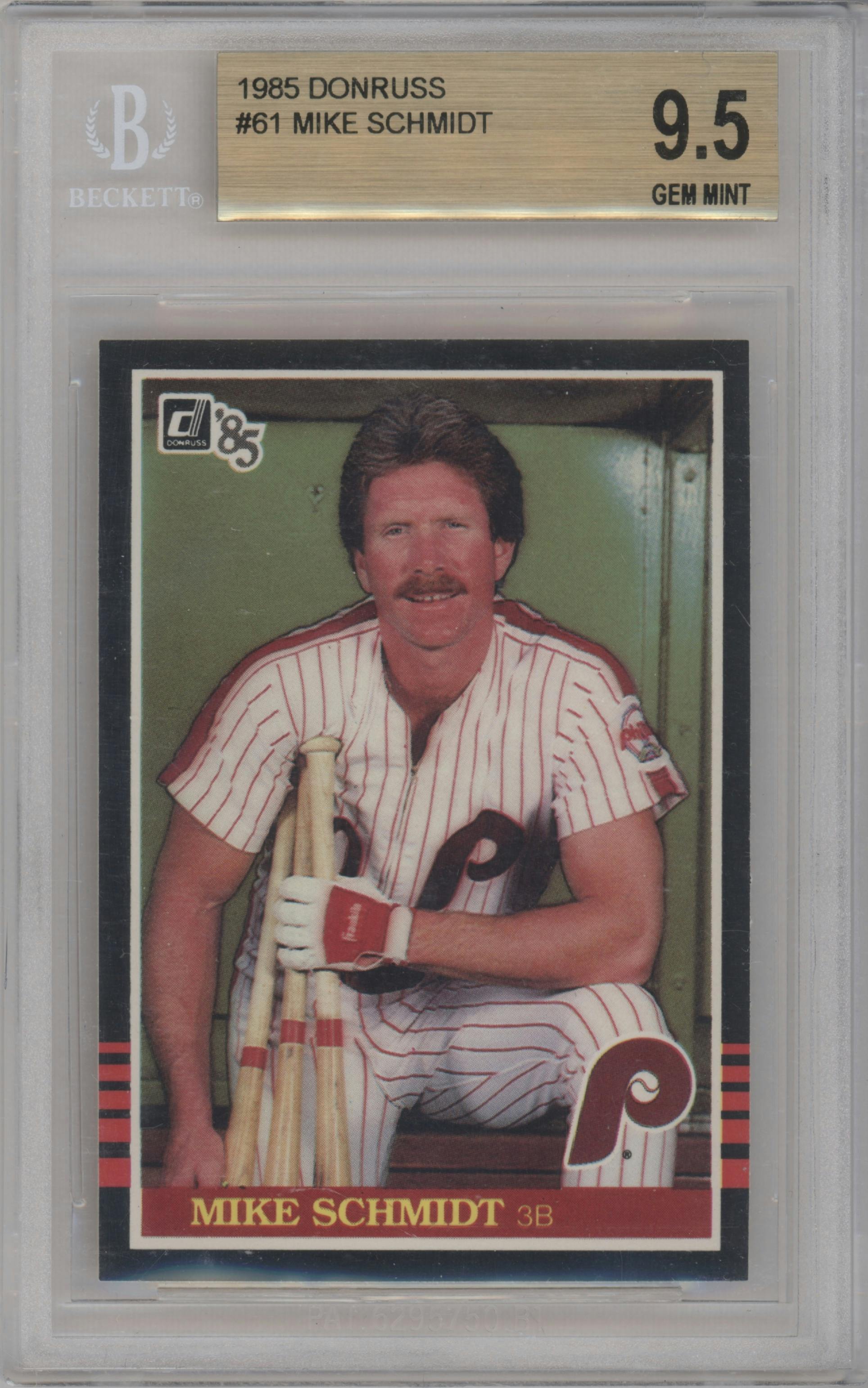Mike Schmidt from the 1985 Donruss set graded by Beckett and given an overall grade of 9.5.