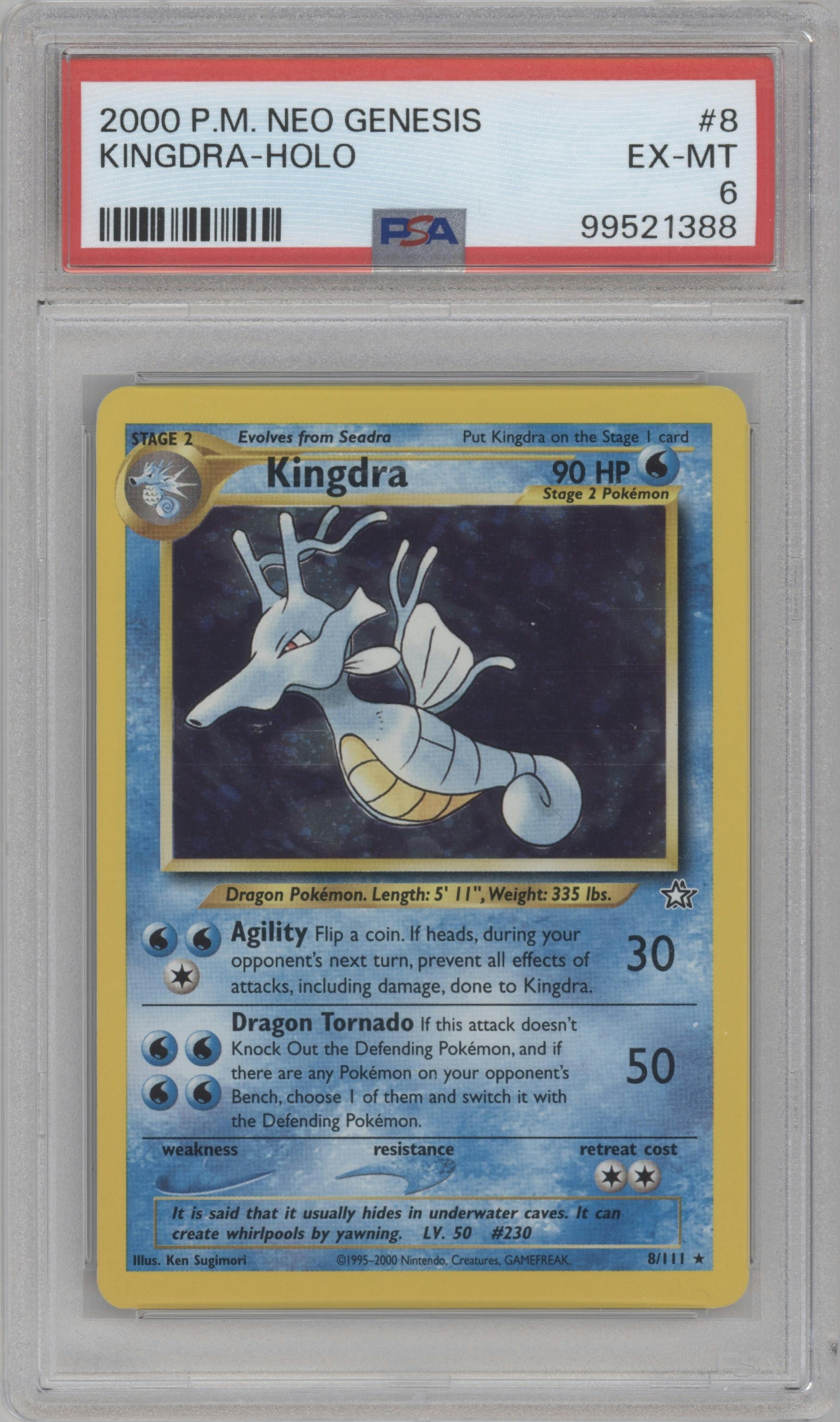 Kingdra from the 2000 Pokemon Neo Genesis set graded by PSA and given an overall grade of 6.