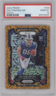 Dalton Kincaid from the 2023 Panini Prizm set featuring a Disco parallel graded by PSA and given an overall grade of 10.