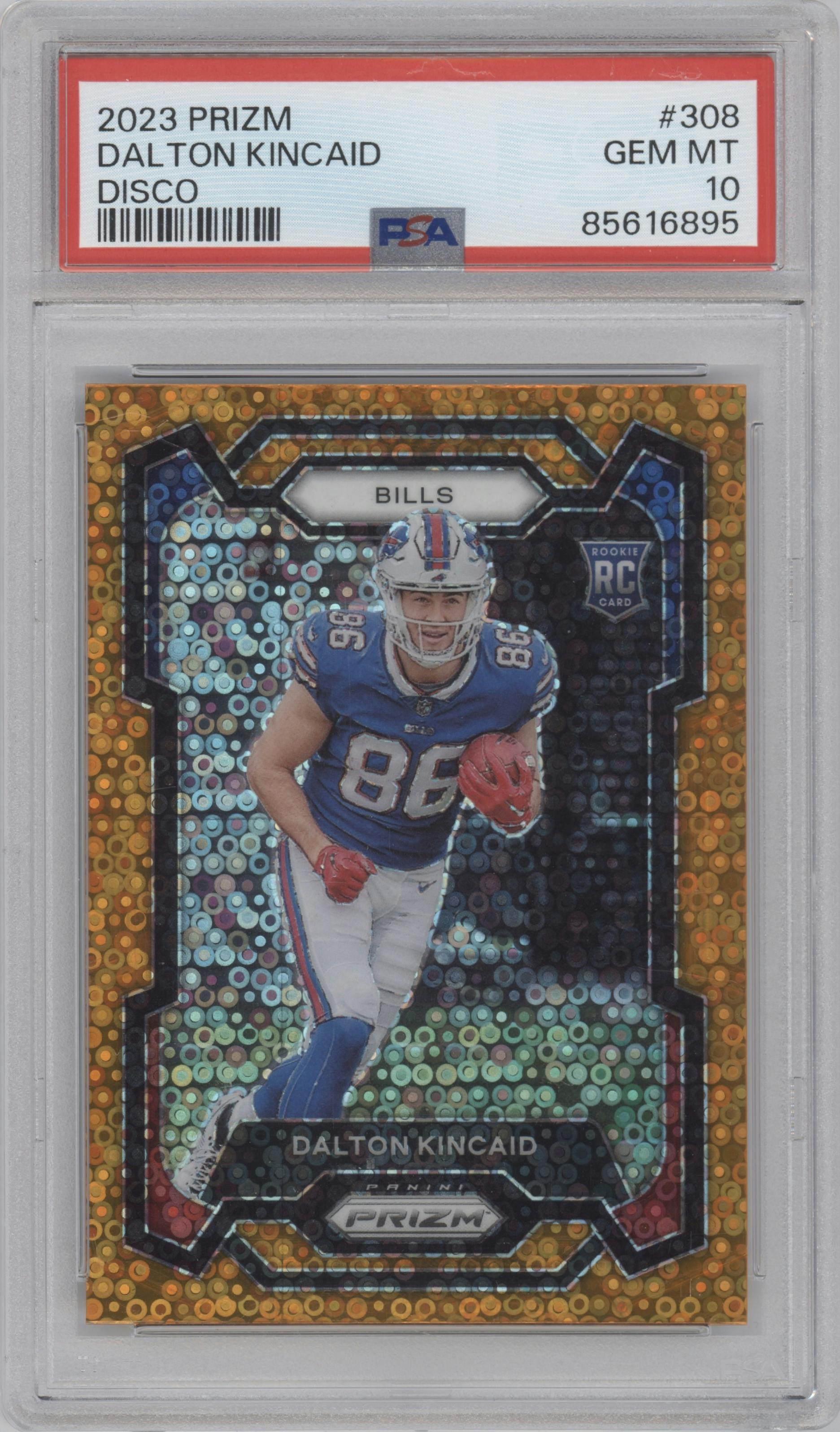 Dalton Kincaid from the 2023 Panini Prizm set featuring a Disco parallel graded by PSA and given an overall grade of 10.