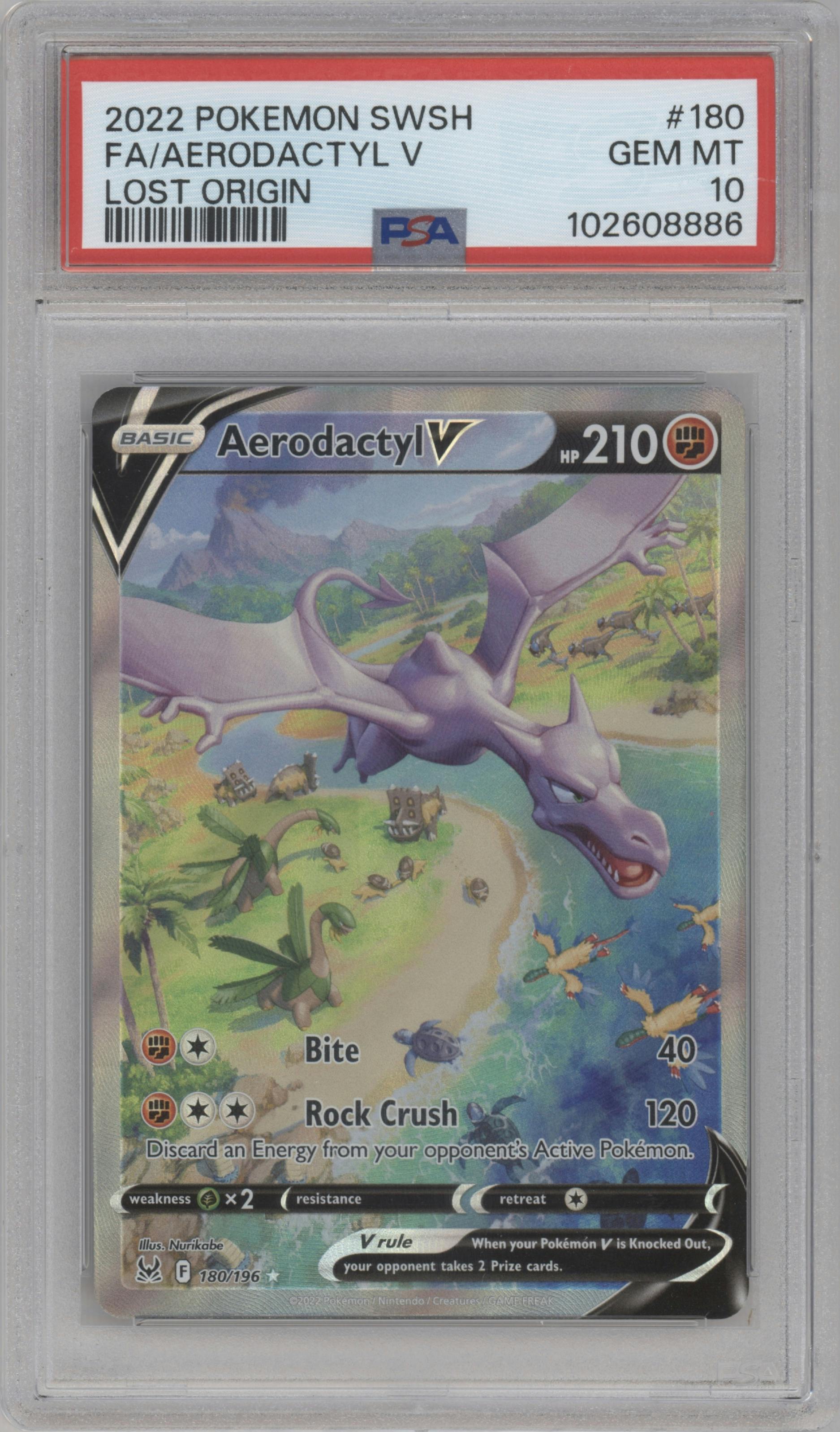 Aerodactyl V from the 2022 Pokemon SWSH set graded by PSA and given an overall grade of 10.