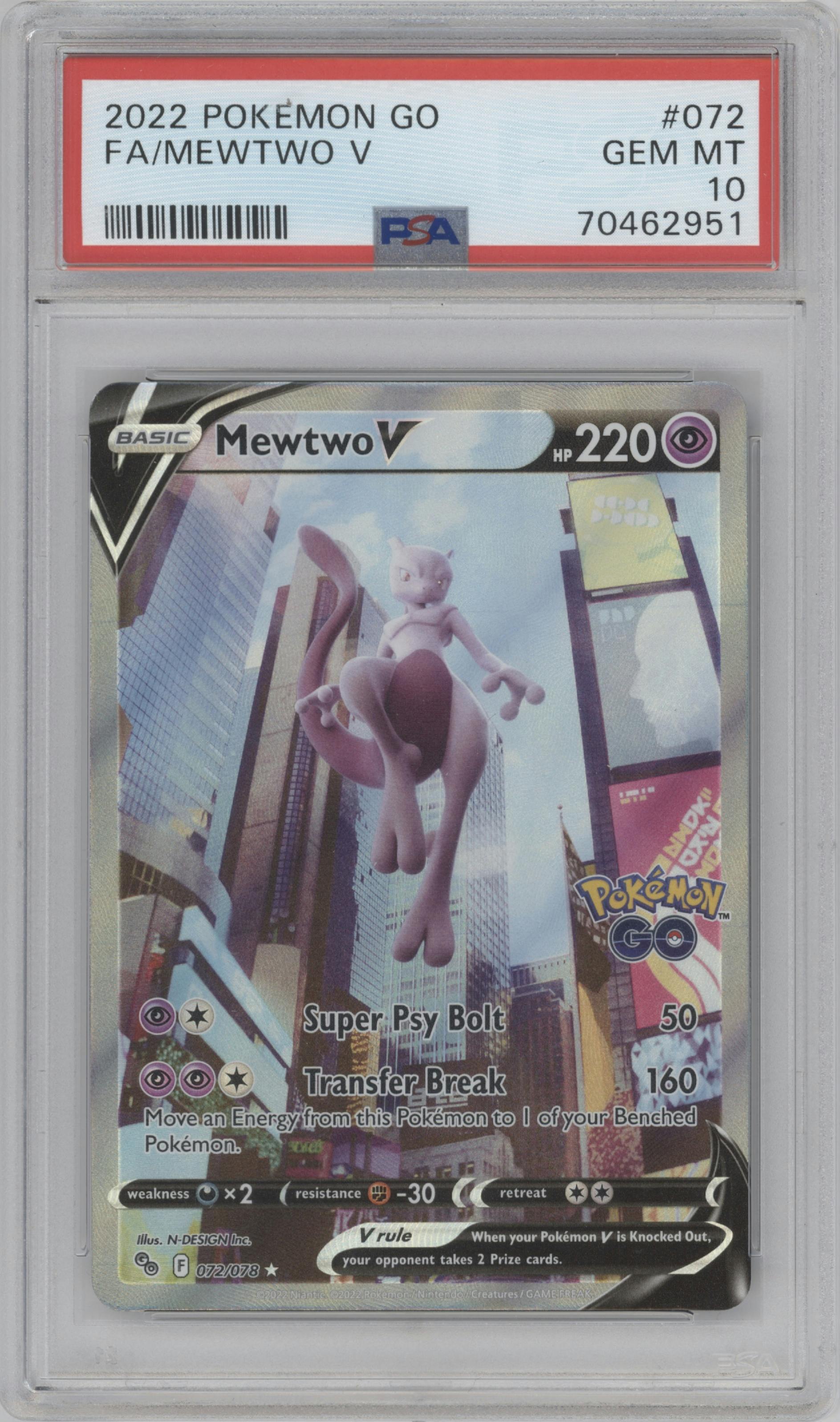 Mewtwo V from the 2022 Pokemon SWSH set graded by PSA and given an overall grade of 10.