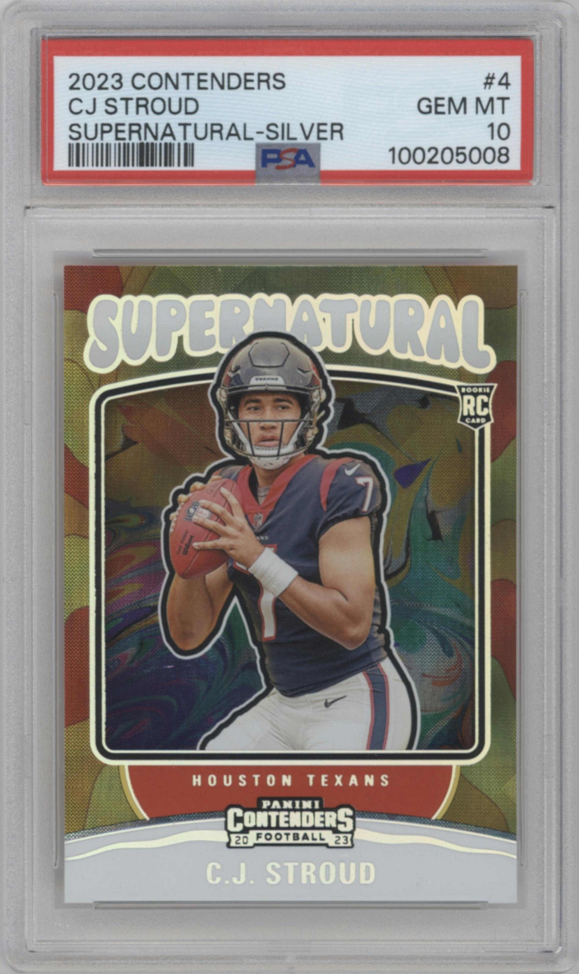 C.J. Stroud from the 2023 Panini Contenders set featuring a Silver parallel graded by PSA and given an overall grade of 10.