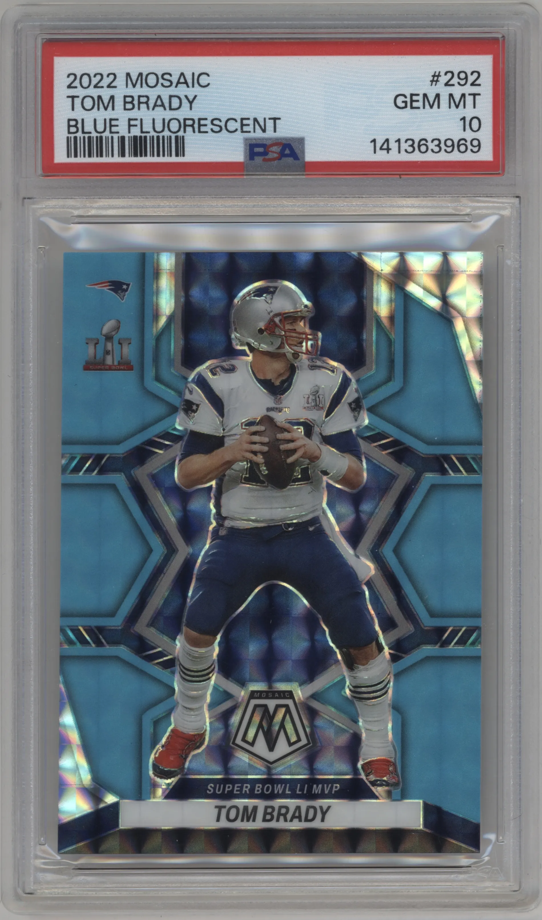 2022 Panini Mosaic Tom Brady Blue Fluorescent #292 PSA 10