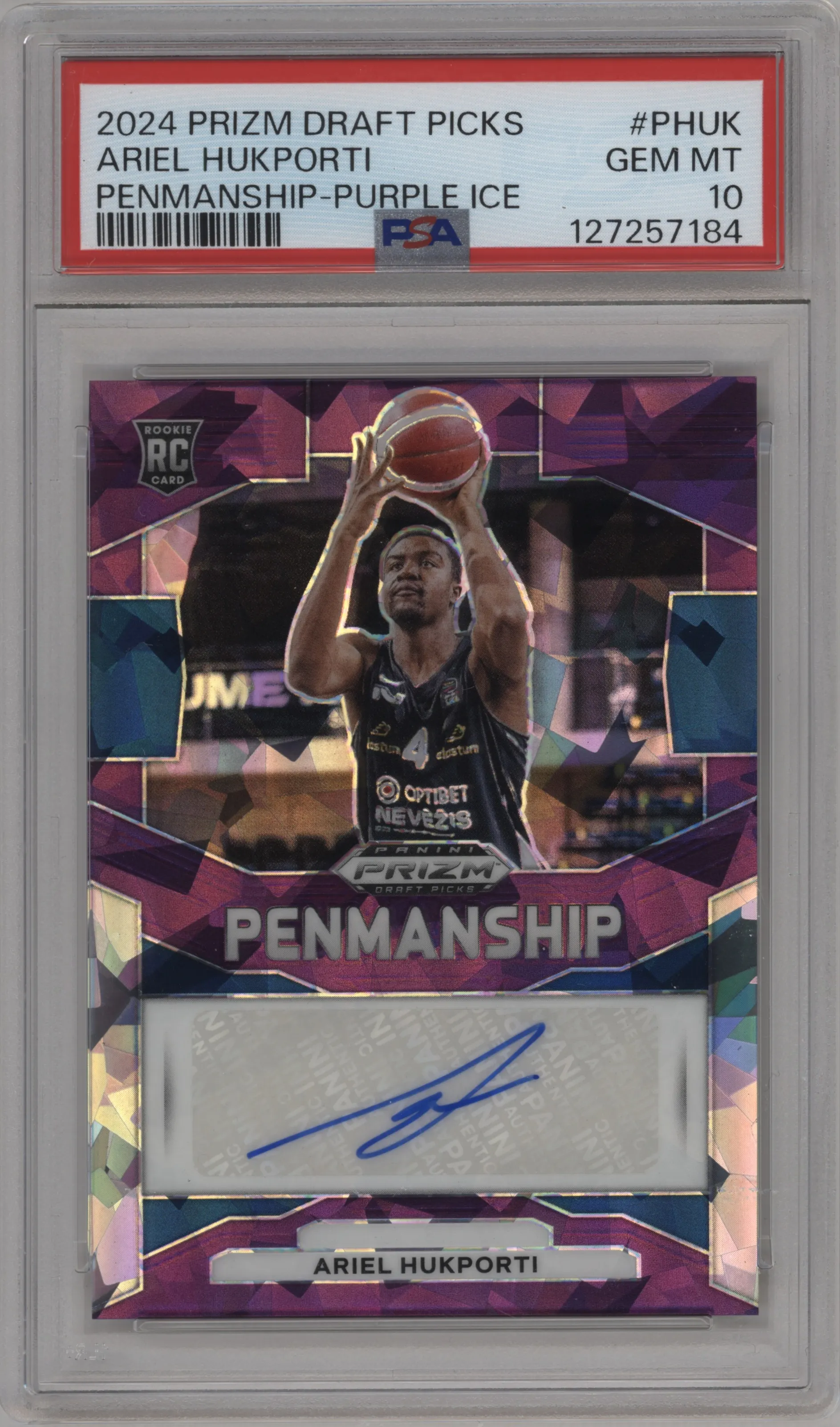 2024 Panini Prizm Draft Picks Penmanship Ariel Hukporti Purple Ice Prizm PSA 10