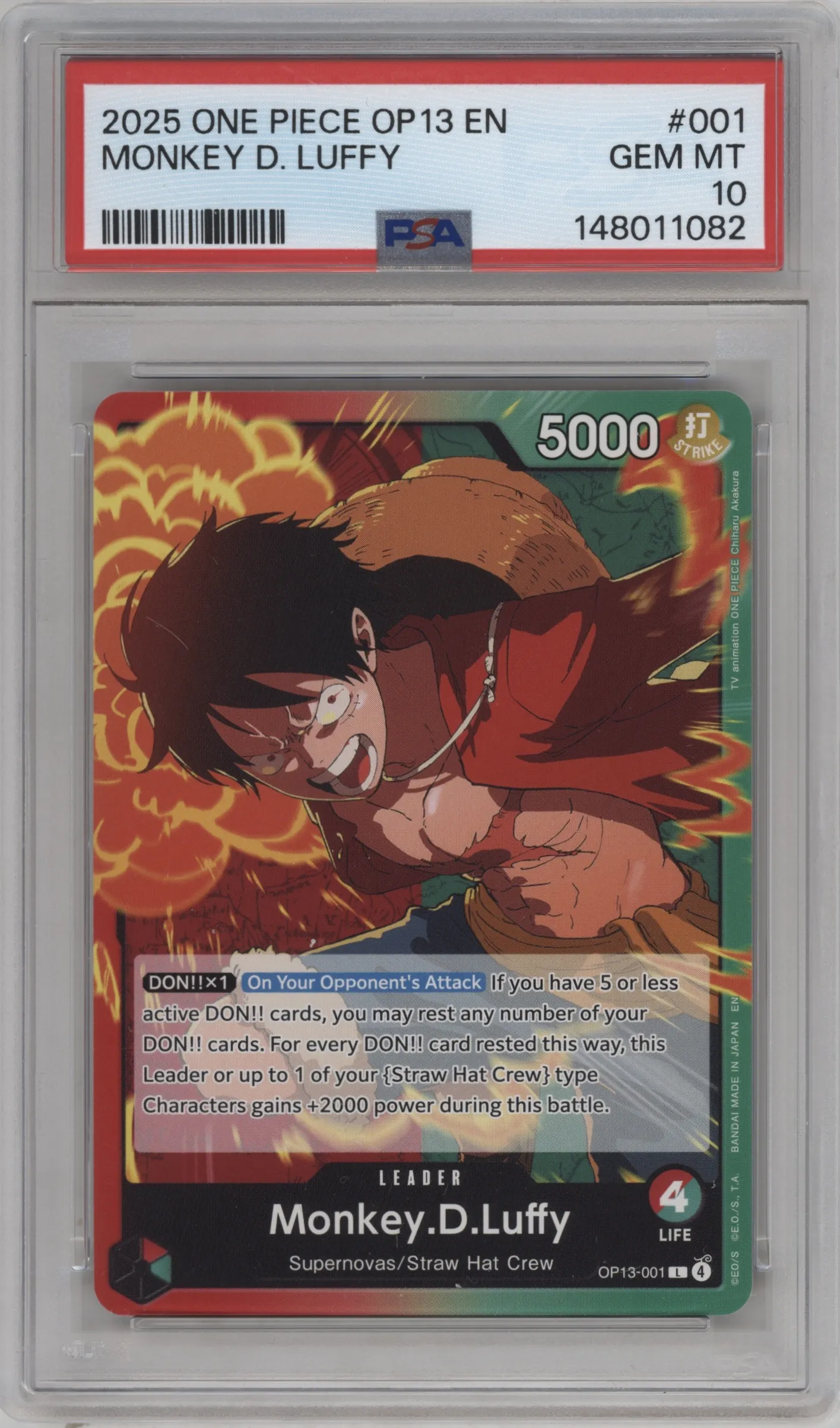 2025 One Piece Carrying On His Will Monkey.D.Luffy L #OP13-001 L PSA 10