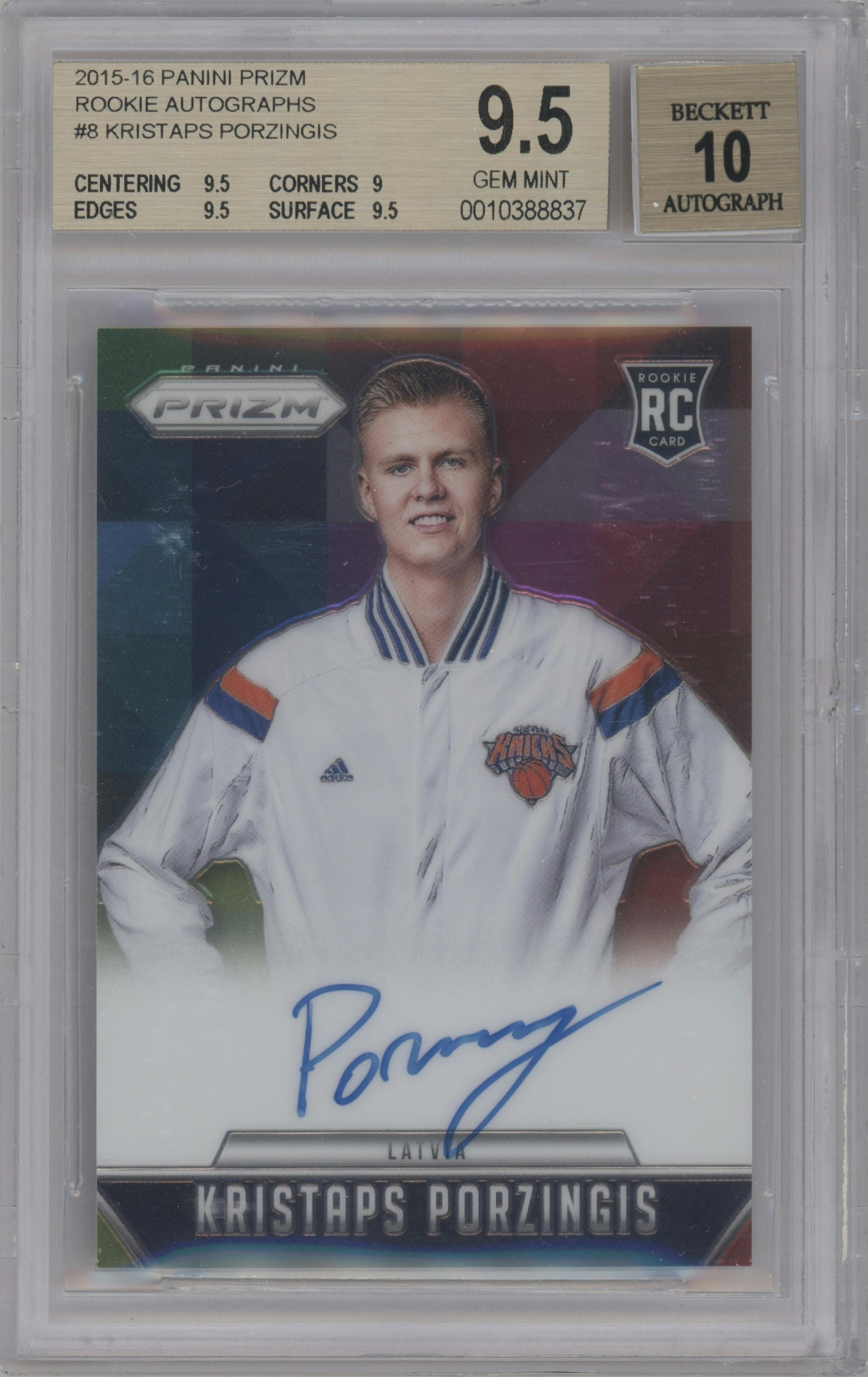 Kristaps Porzingis from the 2015-16 Panini Prizm  set graded by Beckett and given an overall grade of 9.5.