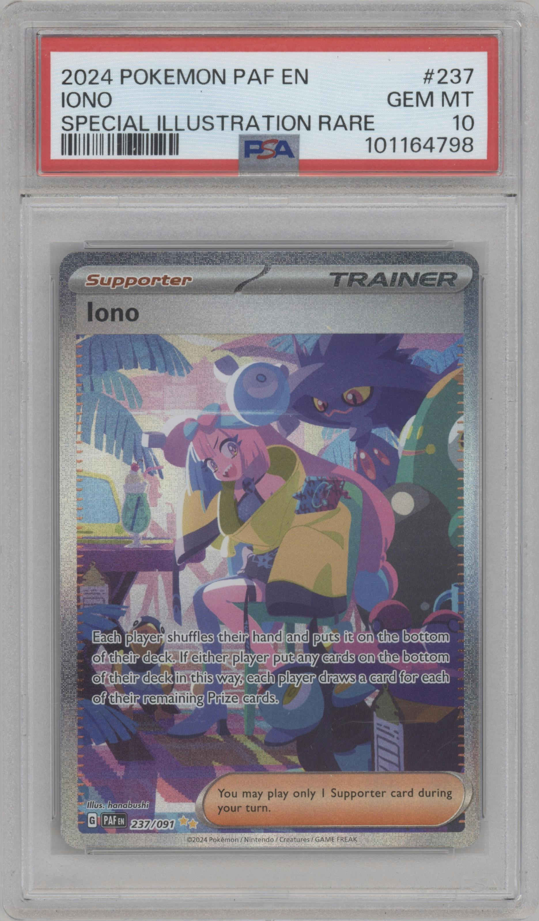 Iono from the 2024 Pokemon SV set graded by PSA and given an overall grade of 10.