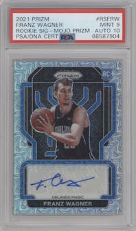 Franz Wagner from the 2021-22 Panini Prizm  set featuring a Mojo Prizm parallel graded by PSA and given an overall grade of 9.