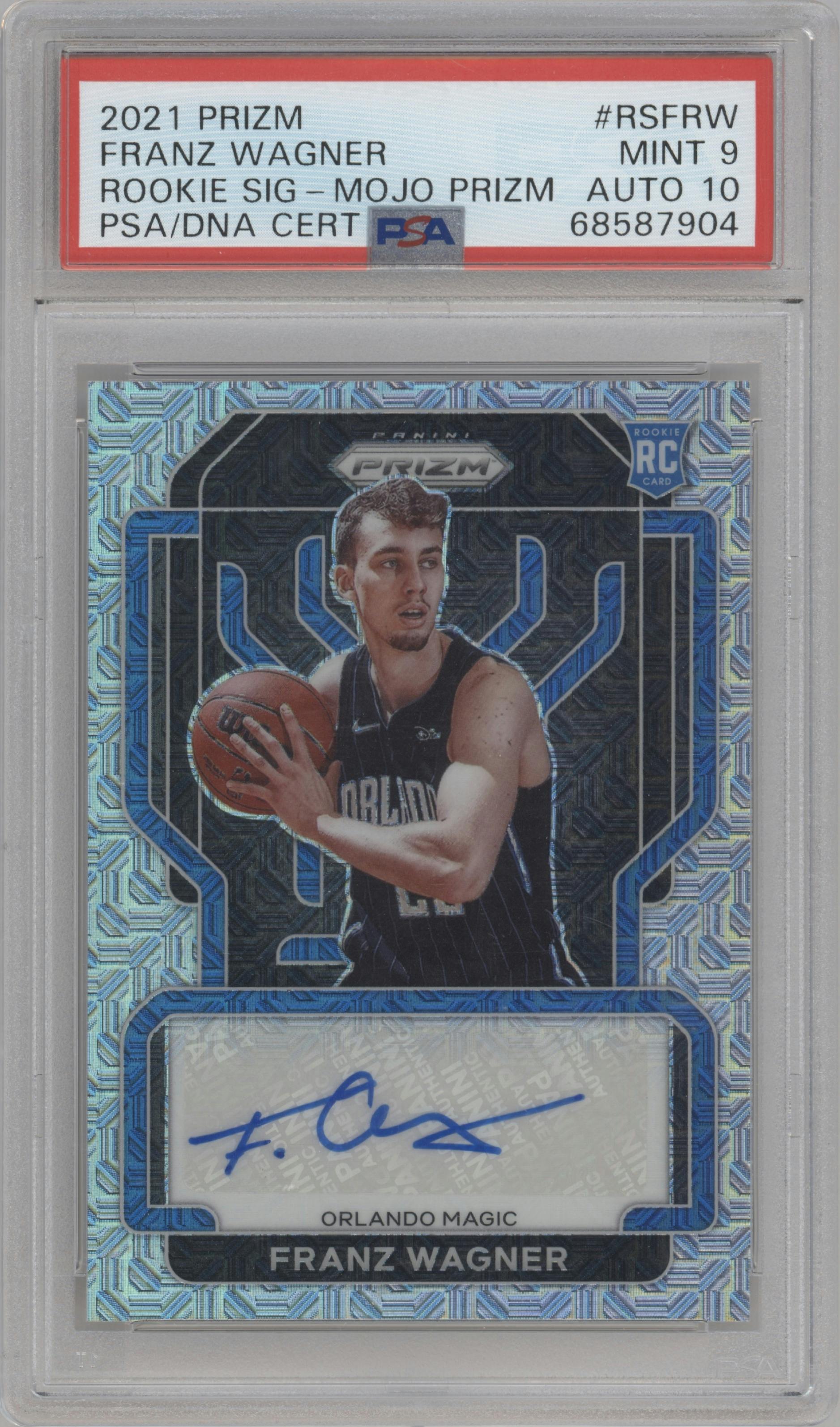 Franz Wagner from the 2021-22 Panini Prizm  set featuring a Mojo Prizm parallel graded by PSA and given an overall grade of 9.