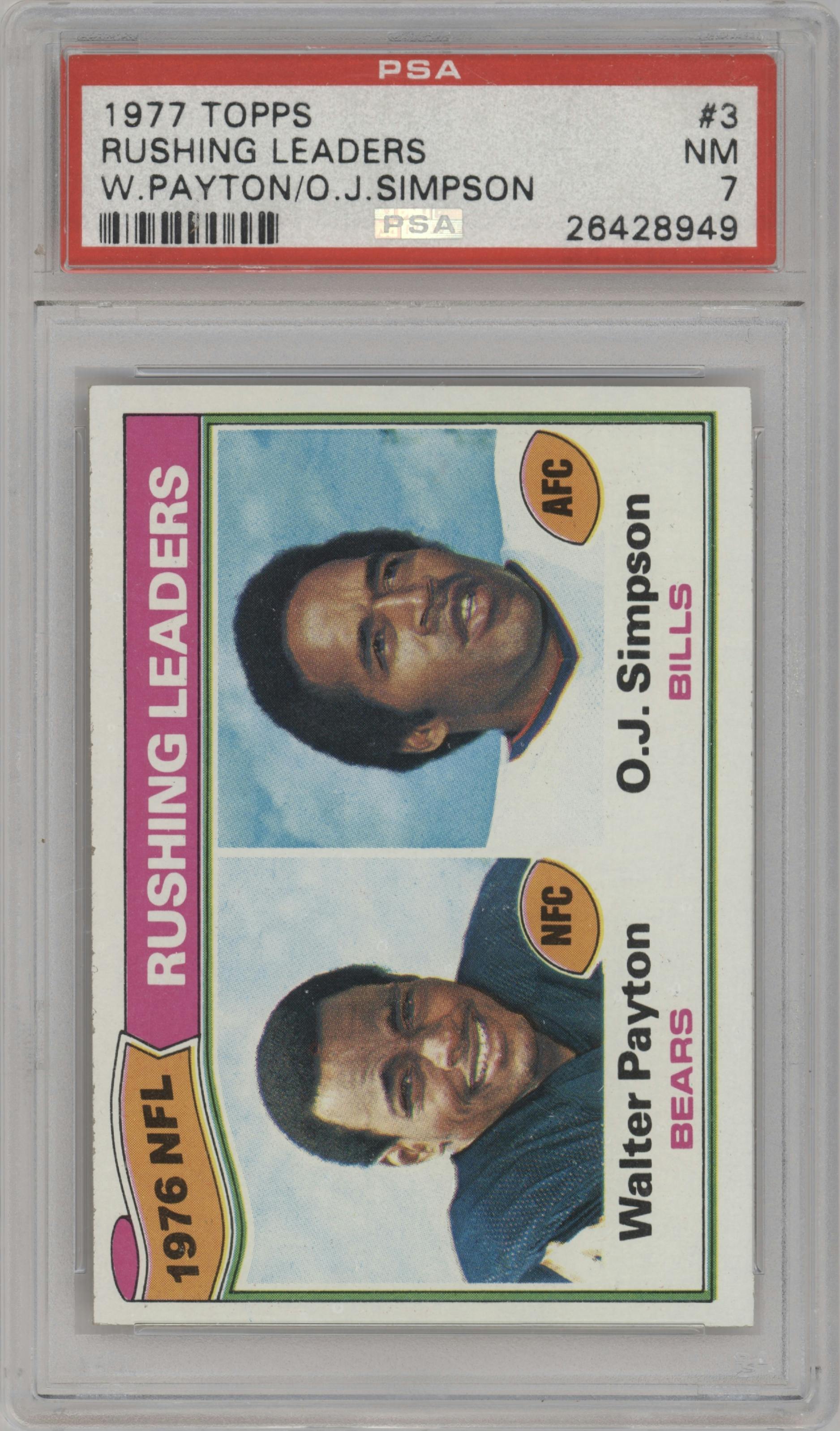 Walter Payton / O.J. Simpson from the 1977 Topps set graded by PSA and given an overall grade of 7.