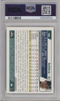 Ichiro from the 2004 Topps Chrome set featuring a Gold Refractor parallel graded by PSA and given an overall grade of 8.
