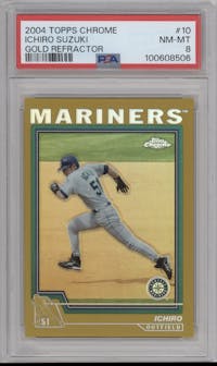 Ichiro from the 2004 Topps Chrome set featuring a Gold Refractor parallel graded by PSA and given an overall grade of 8.