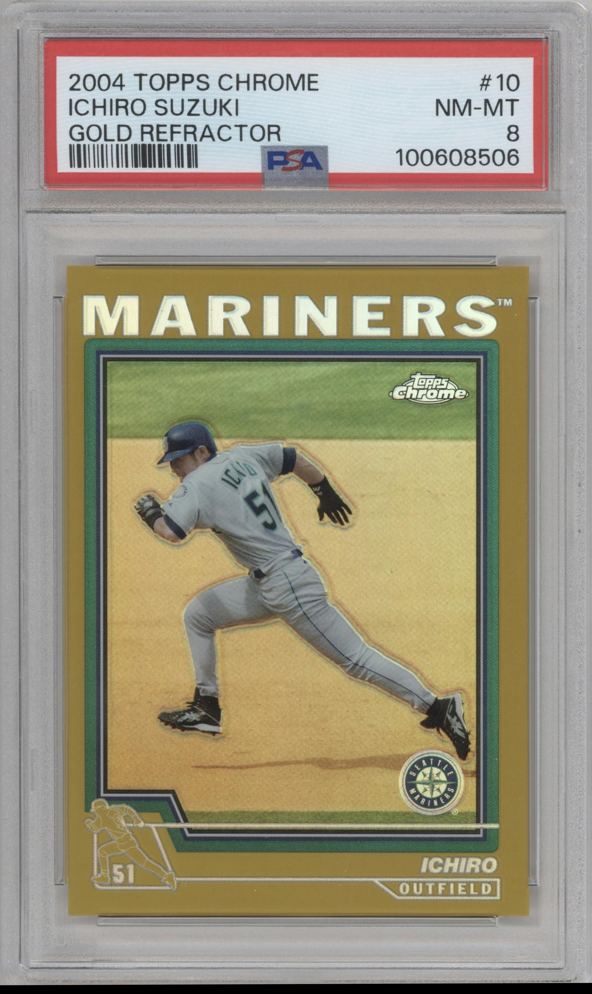 Ichiro from the 2004 Topps Chrome set featuring a Gold Refractor parallel graded by PSA and given an overall grade of 8.
