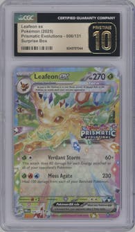 Leafeon ex from the 2025 Pokemon SV set featuring a Prismatic Evolutions Surprise Box parallel graded by CSG and given an overall grade of 10.