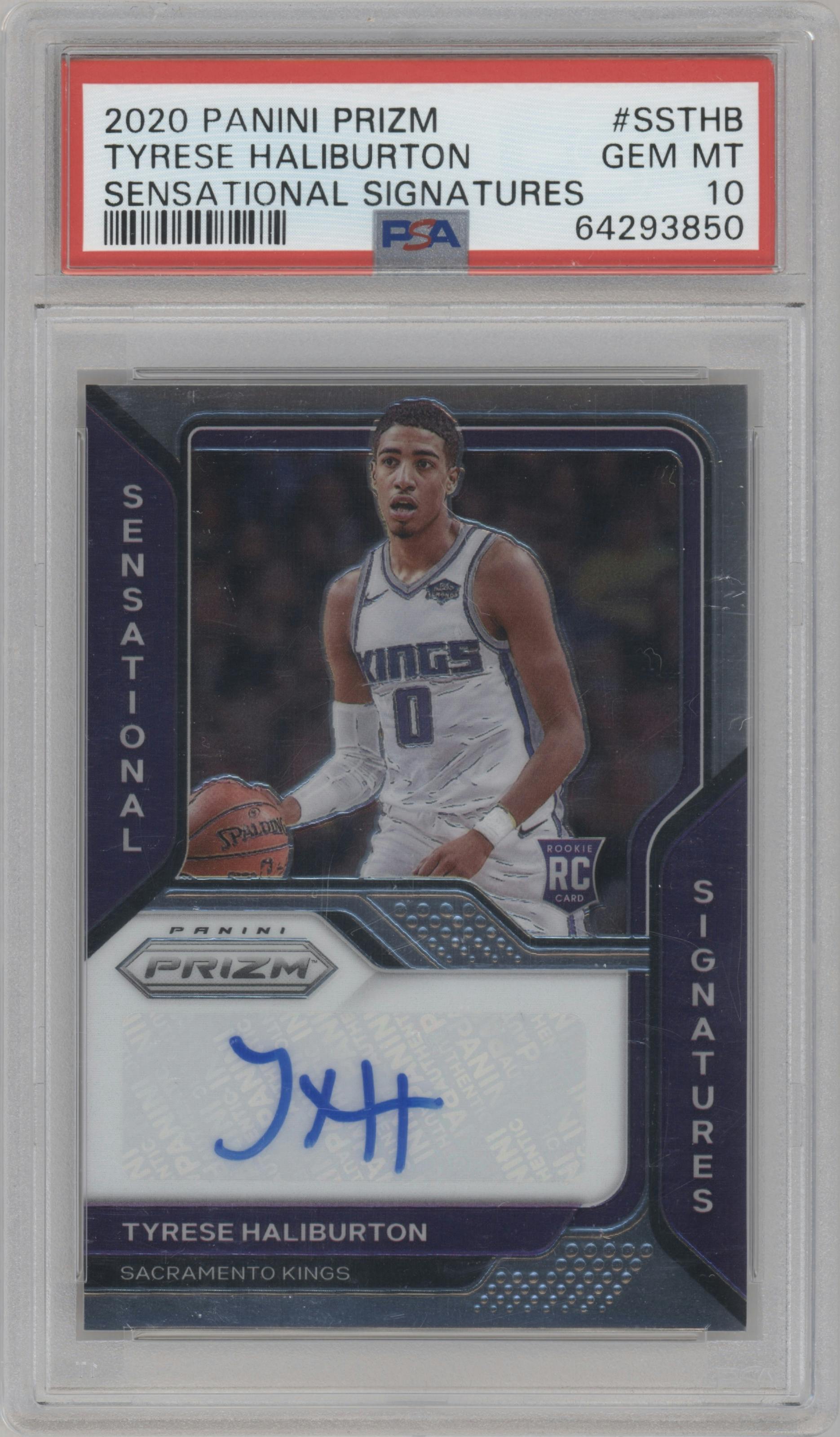 Tyrese Haliburton from the 2020-21 Panini Prizm set graded by PSA and given an overall grade of 10.
