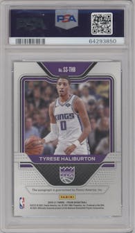 Tyrese Haliburton from the 2020-21 Panini Prizm set graded by PSA and given an overall grade of 10.