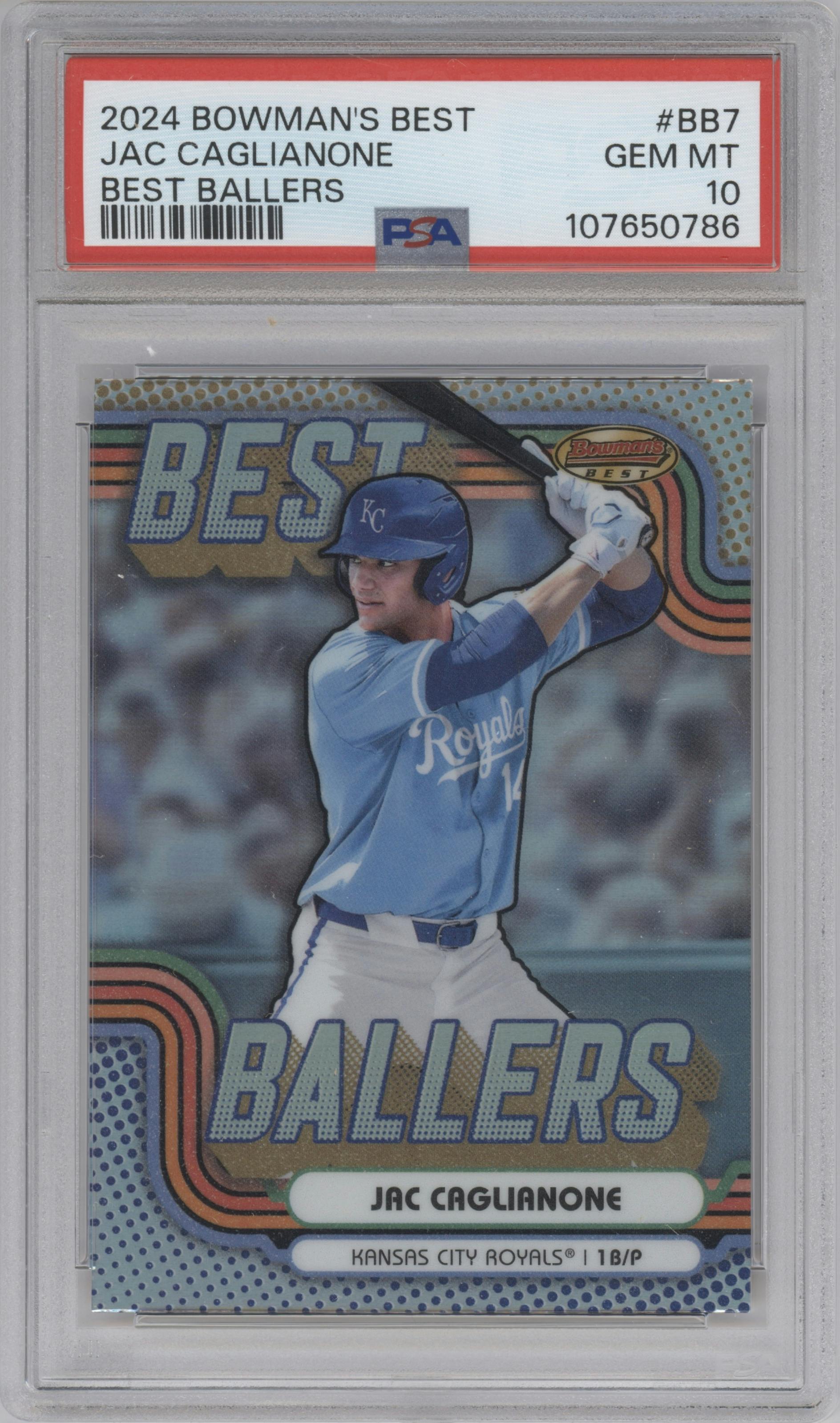 Jac Caglianone from the 2024 Bowman's Best set graded by PSA and given an overall grade of 10.