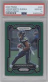 Jaxon Smith-Njigba from the 2023 Panini Prizm set featuring a Green Prizm parallel graded by PSA and given an overall grade of 10.