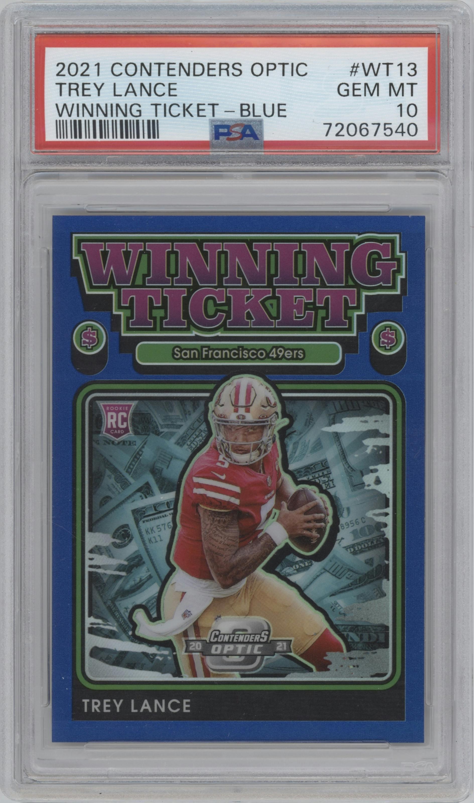 Trey Lance from the 2021 Panini Contenders Optic set featuring a Blue parallel graded by PSA and given an overall grade of 10.