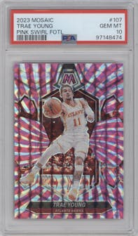 Trae Young from the 2023-24 Panini Mosaic set featuring a Pink Swirl FOTL Mosaic parallel graded by PSA and given an overall grade of 10.