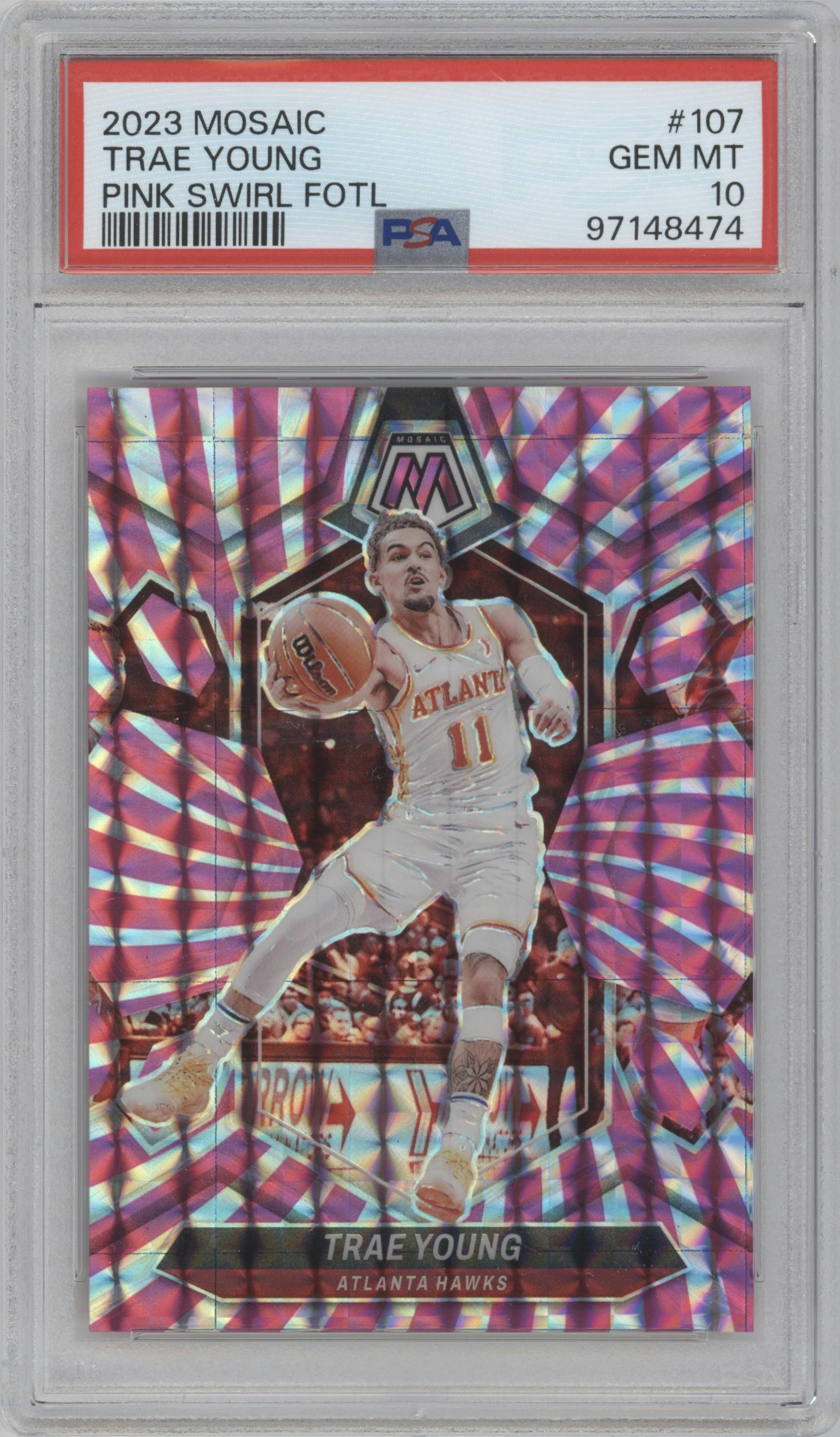 Trae Young from the 2023-24 Panini Mosaic set featuring a Pink Swirl FOTL Mosaic parallel graded by PSA and given an overall grade of 10.
