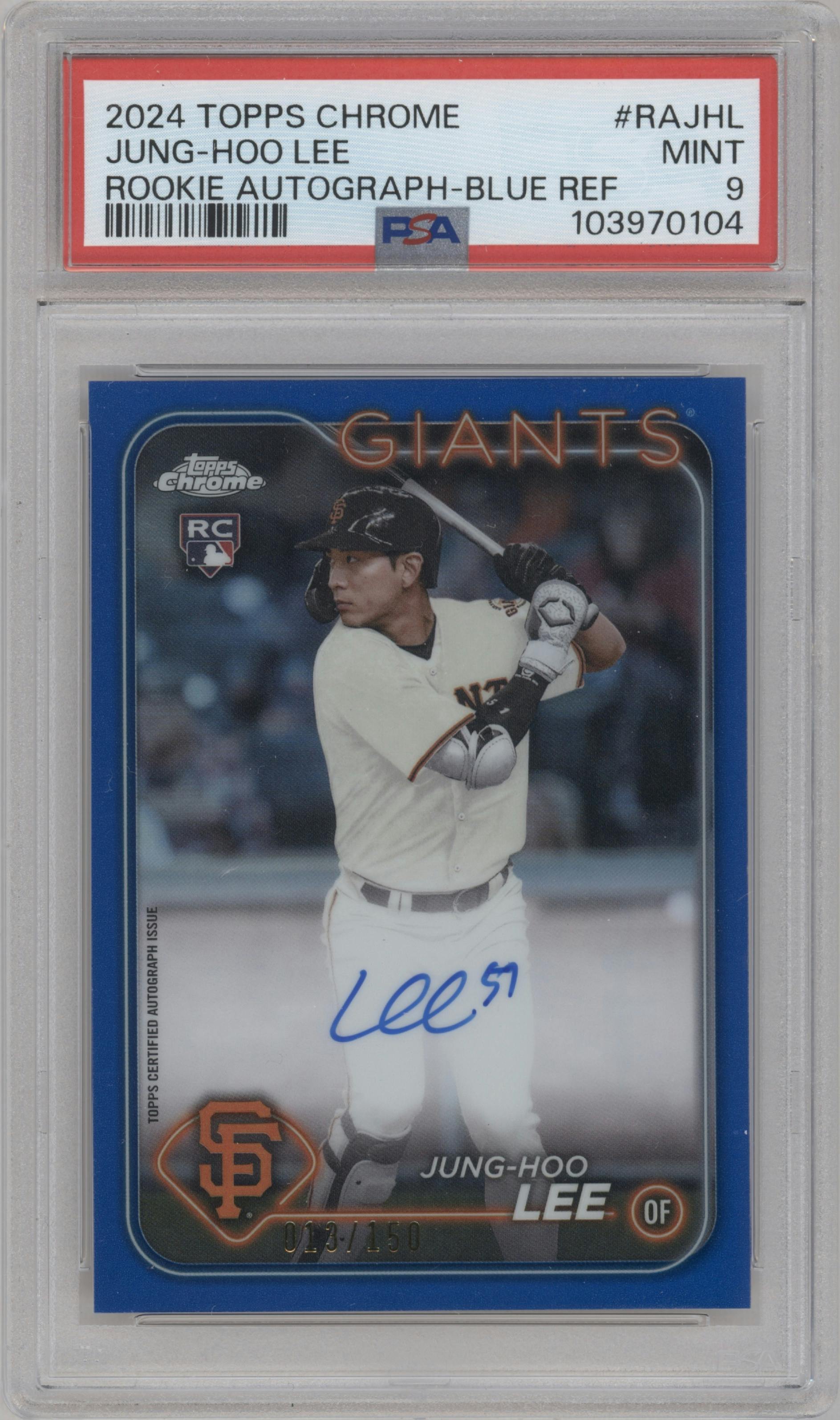 Jung-Hoo Lee from the 2024 Topps Chrome set featuring a Blue Refractor parallel graded by PSA and given an overall grade of 9.