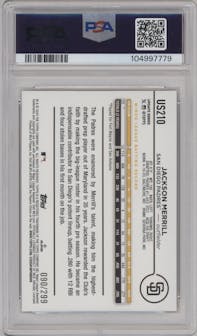 Jackson Merrill from the 2024 Topps Update set featuring a Orange Crackle Foilboard parallel graded by PSA and given an overall grade of 10.