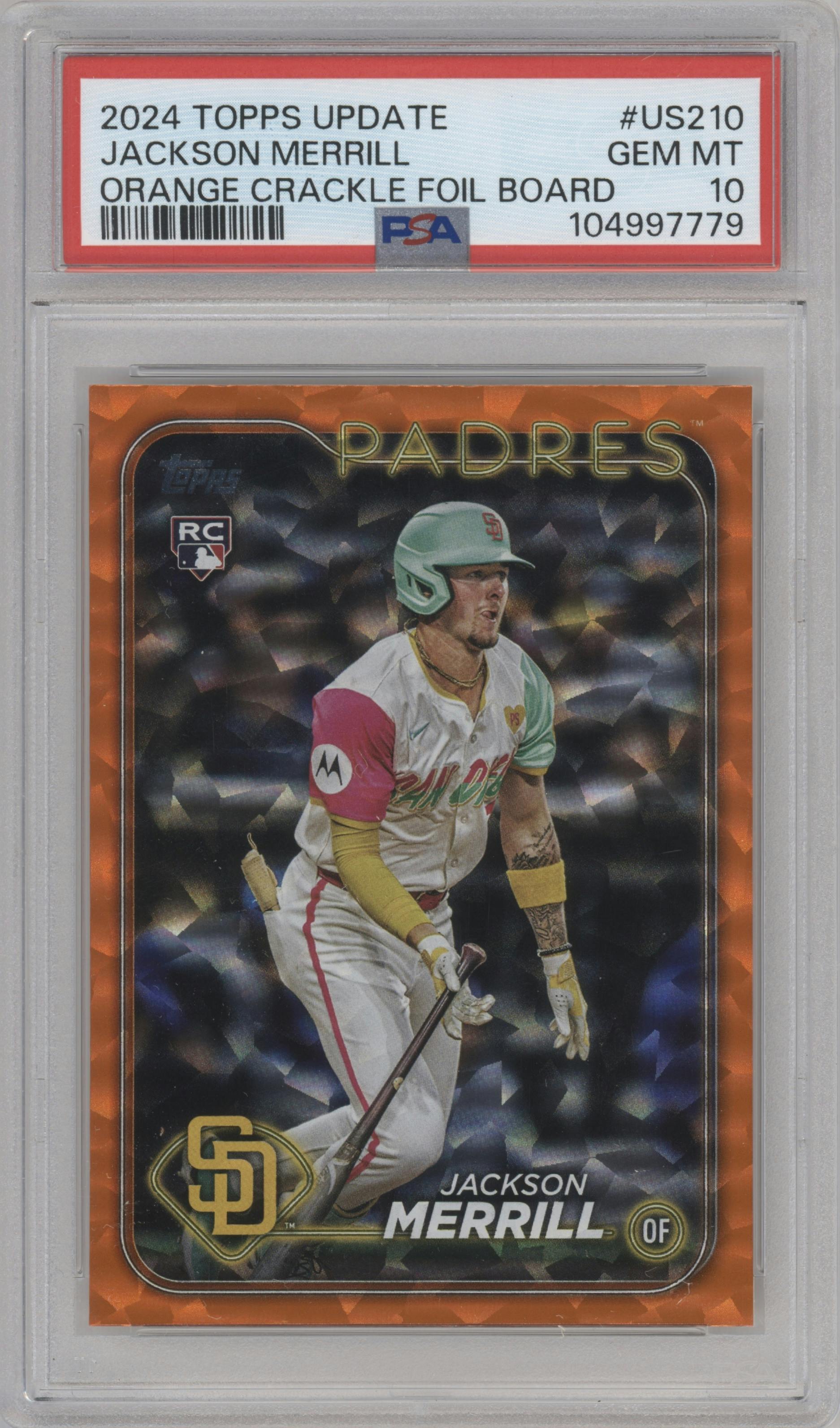 Jackson Merrill from the 2024 Topps Update set featuring a Orange Crackle Foilboard parallel graded by PSA and given an overall grade of 10.