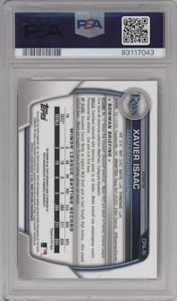 Xavier Isaac from the 2023 Bowman  set featuring a Refractor parallel graded by PSA and given an overall grade of 10.
