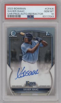 Xavier Isaac from the 2023 Bowman  set featuring a Refractor parallel graded by PSA and given an overall grade of 10.