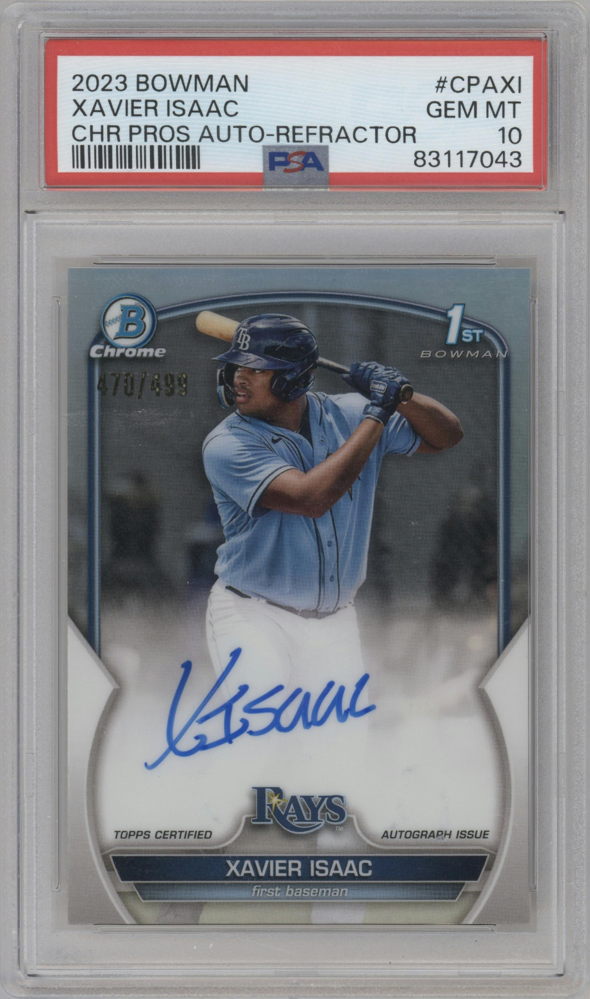Xavier Isaac from the 2023 Bowman  set featuring a Refractor parallel graded by PSA and given an overall grade of 10.