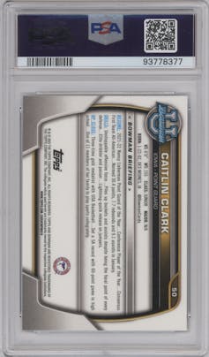 Caitlin Clark from the 2022-23 Bowman University Chrome set graded by PSA and given an overall grade of 10.