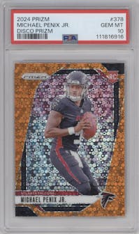 Michael Penix Jr. from the 2024 Panini Prizm set featuring a Disco parallel graded by PSA and given an overall grade of 10.